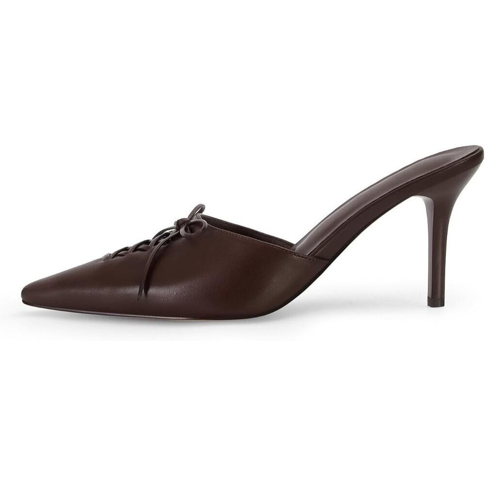 〽️Women's Brown Dressy Bow Kitten Heels Studded Closed Pointed Toe Pump Shoes - Picture 6 of 7